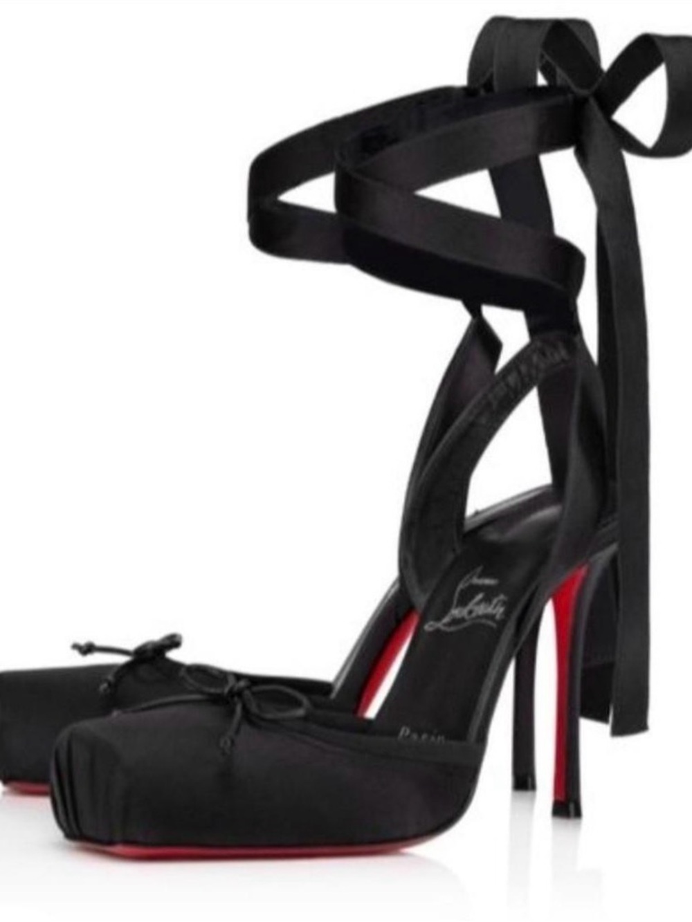 Christian Louboutin Black Satin Pointed-Toe Ankle Tie Pumps with Red Sole - Picture 2 of 2